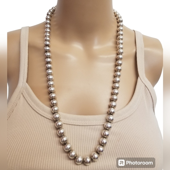 VINTAGE SOLID STERLING SILVER BEADED LONG STATEMENT NECKLACE - Picture 1 of 5